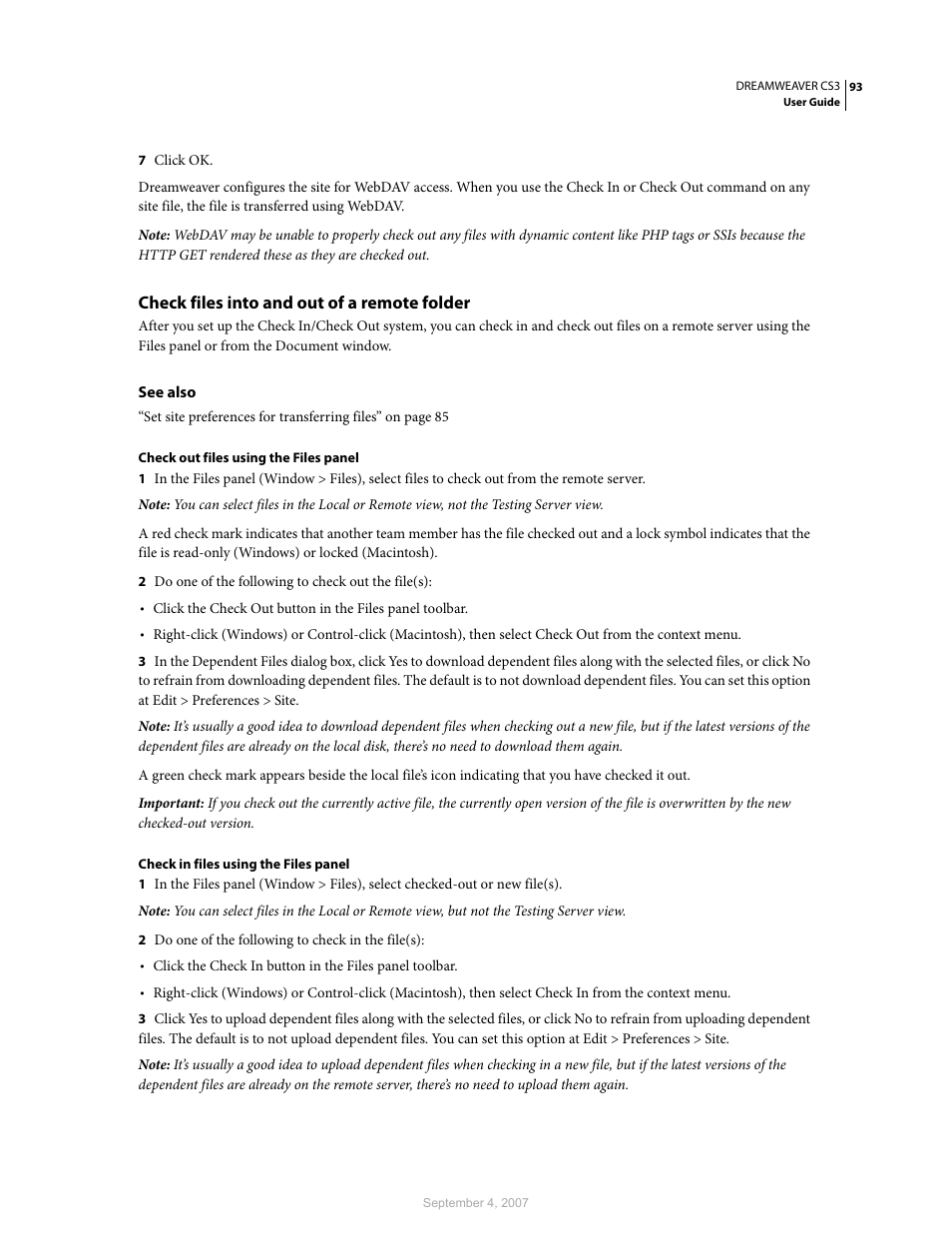 Check files into and out of a remote folder | Adobe Dreamweaver CS3 User Manual | Page 100 / 738
