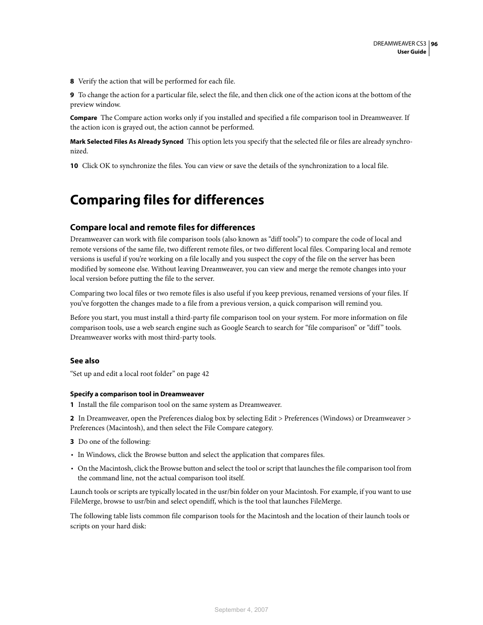 Comparing files for differences, Compare local and remote files for differences | Adobe Dreamweaver CS3 User Manual | Page 103 / 738