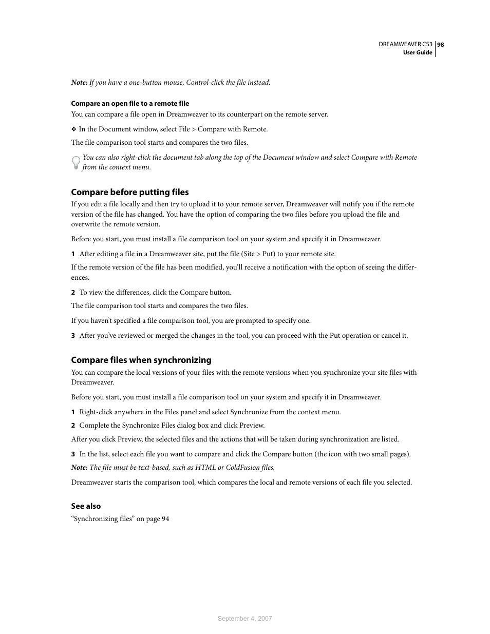 Compare before putting files, Compare files when synchronizing | Adobe Dreamweaver CS3 User Manual | Page 105 / 738