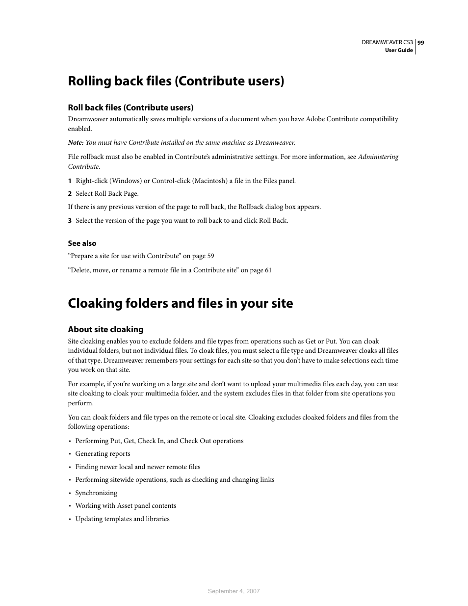 Rolling back files (contribute users), Roll back files (contribute users), Cloaking folders and files in your site | About site cloaking | Adobe Dreamweaver CS3 User Manual | Page 106 / 738