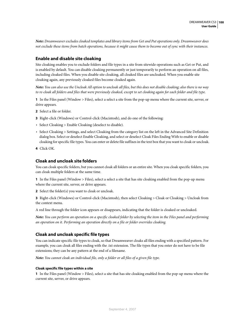 Enable and disable site cloaking, Cloak and uncloak site folders, Cloak and uncloak specific file types | Adobe Dreamweaver CS3 User Manual | Page 107 / 738