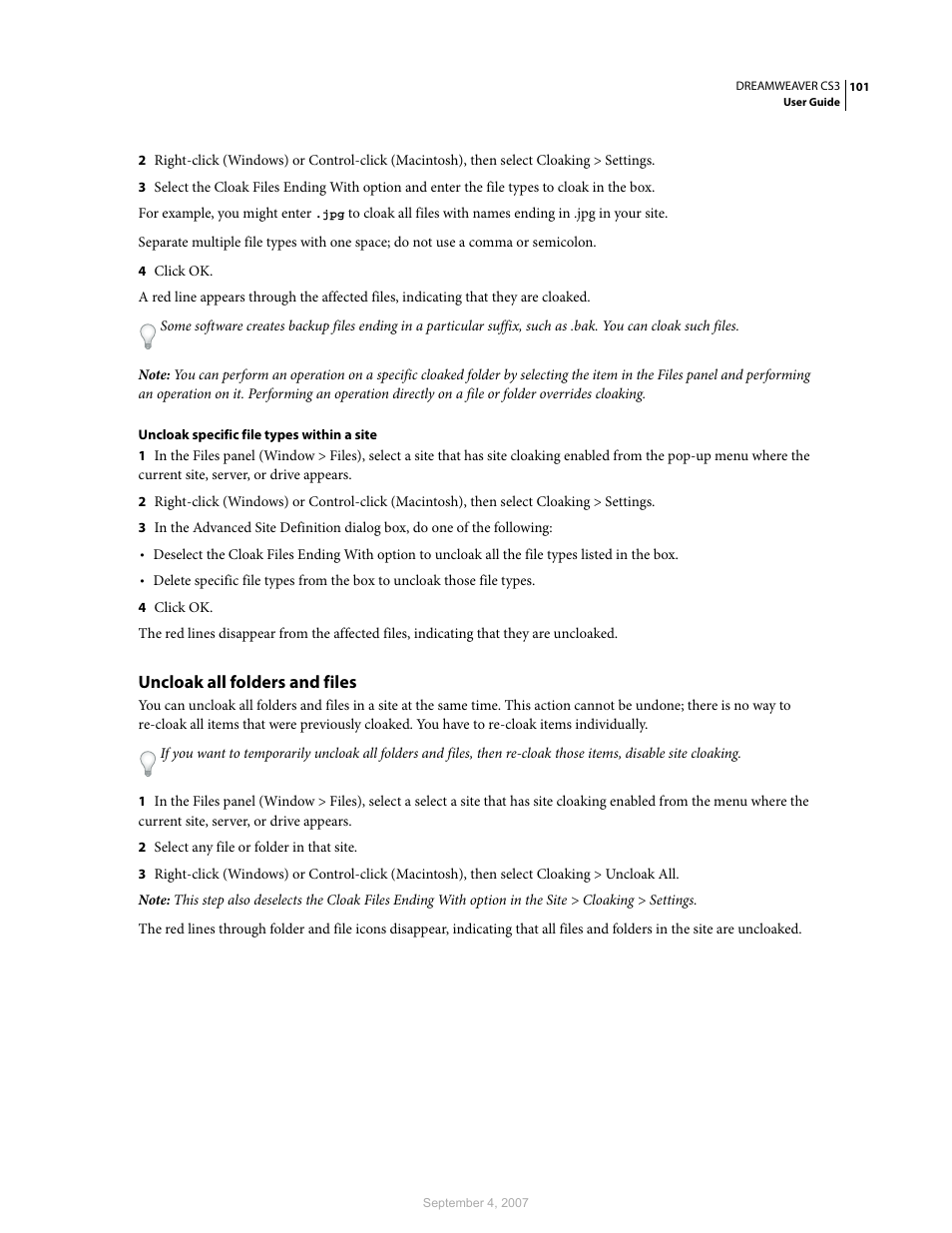 Uncloak all folders and files | Adobe Dreamweaver CS3 User Manual | Page 108 / 738
