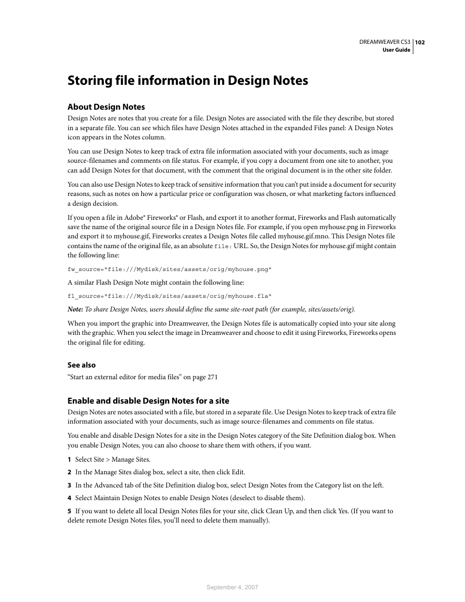 Storing file information in design notes, About design notes, Enable and disable design notes for a site | Adobe Dreamweaver CS3 User Manual | Page 109 / 738