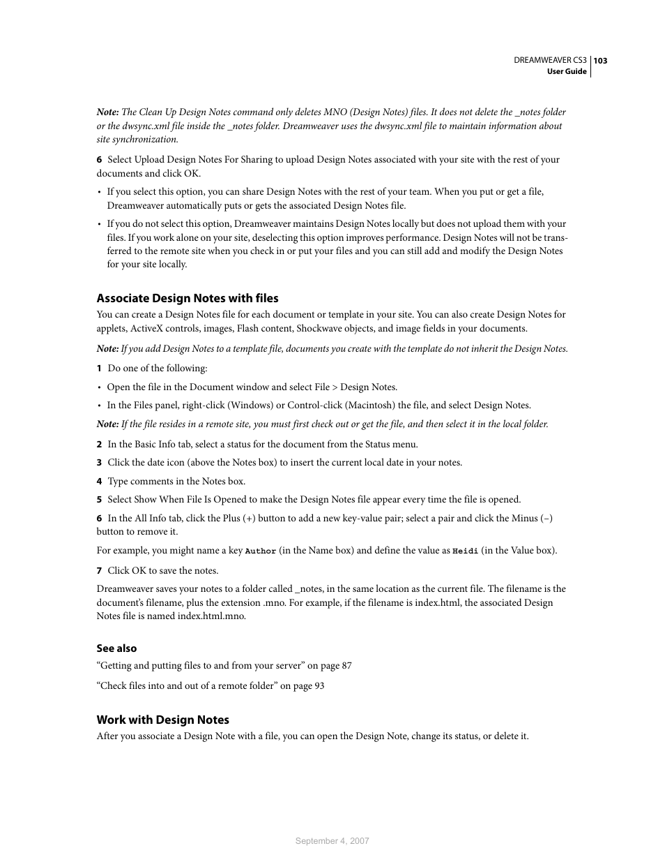 Associate design notes with files, Work with design notes | Adobe Dreamweaver CS3 User Manual | Page 110 / 738