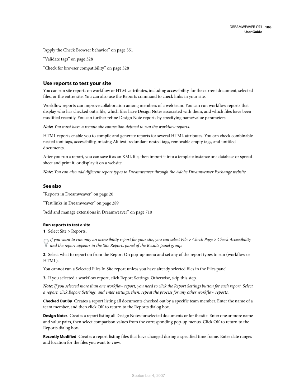 Use reports to test your site | Adobe Dreamweaver CS3 User Manual | Page 113 / 738