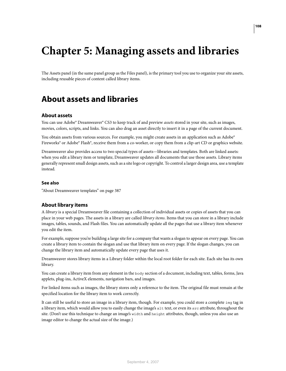 Chapter 5: managing assets and libraries, About assets and libraries, About assets | About library items | Adobe Dreamweaver CS3 User Manual | Page 115 / 738