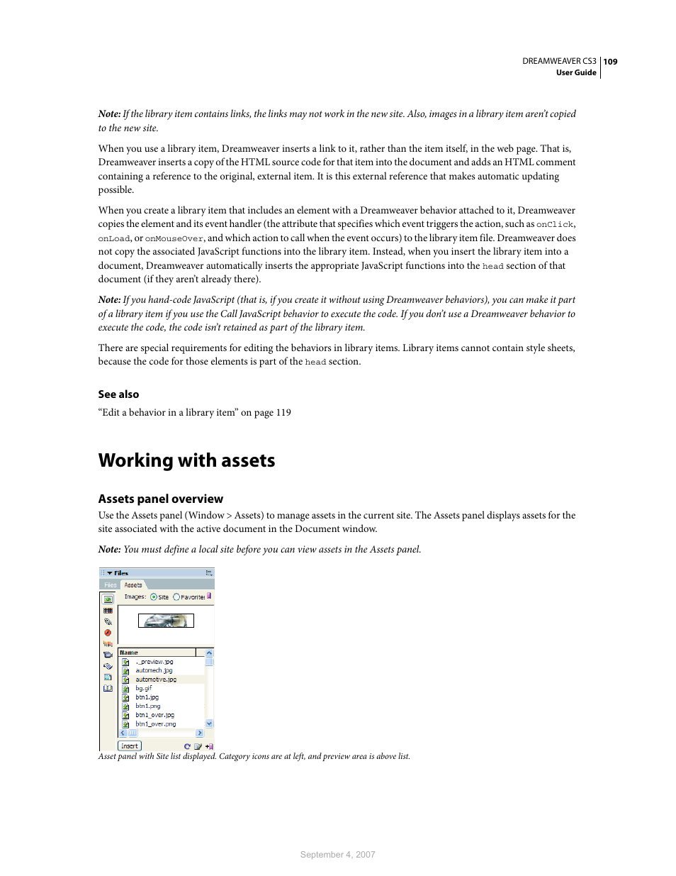 Working with assets, Assets panel overview | Adobe Dreamweaver CS3 User Manual | Page 116 / 738