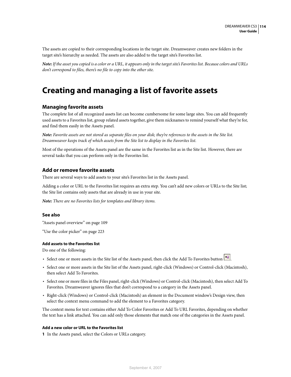 Creating and managing a list of favorite assets, Managing favorite assets, Add or remove favorite assets | Adobe Dreamweaver CS3 User Manual | Page 121 / 738