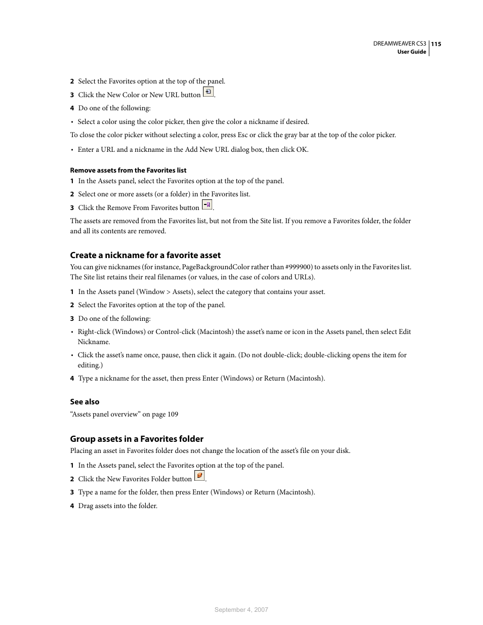 Create a nickname for a favorite asset, Group assets in a favorites folder | Adobe Dreamweaver CS3 User Manual | Page 122 / 738