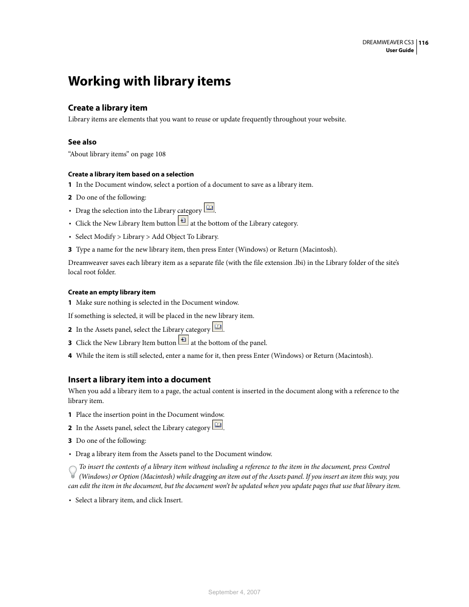 Working with library items, Create a library item, Insert a library item into a document | Adobe Dreamweaver CS3 User Manual | Page 123 / 738