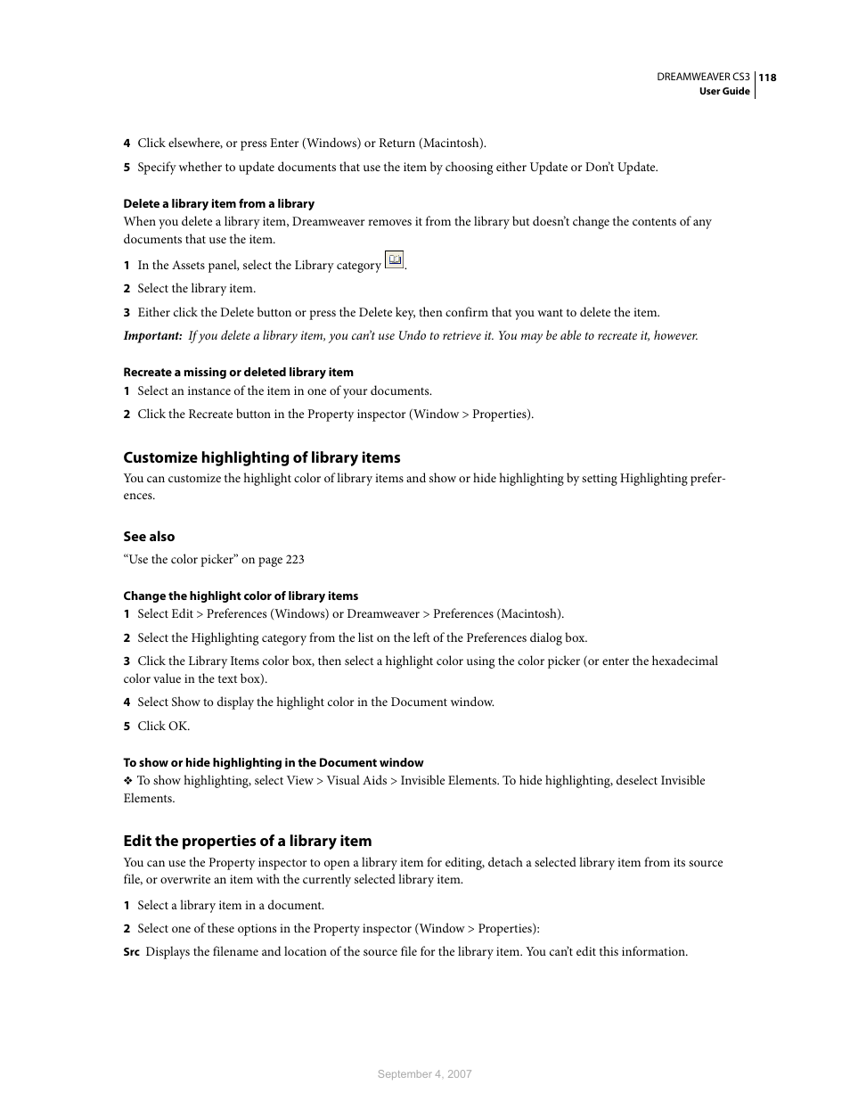 Customize highlighting of library items, Edit the properties of a library item | Adobe Dreamweaver CS3 User Manual | Page 125 / 738