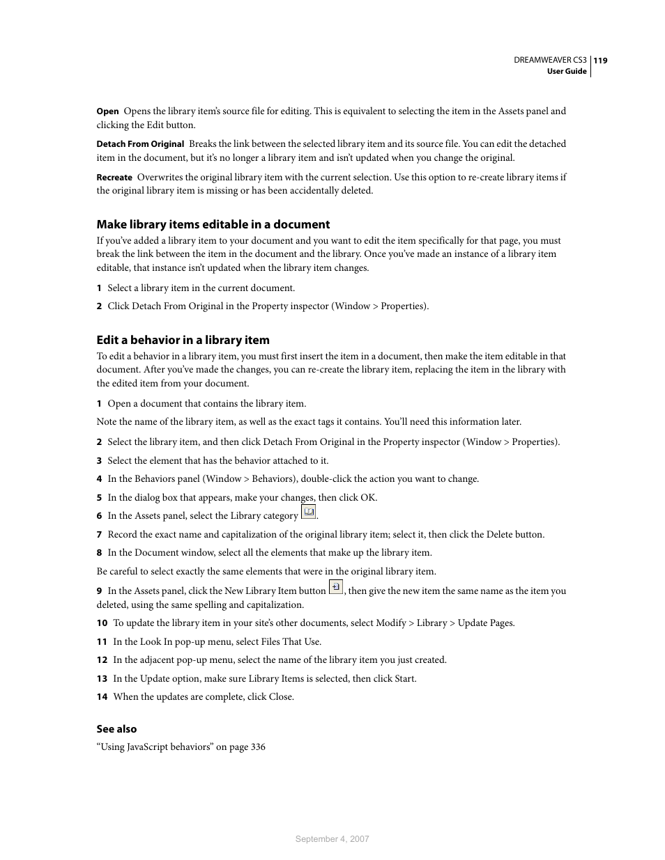 Make library items editable in a document, Edit a behavior in a library item | Adobe Dreamweaver CS3 User Manual | Page 126 / 738