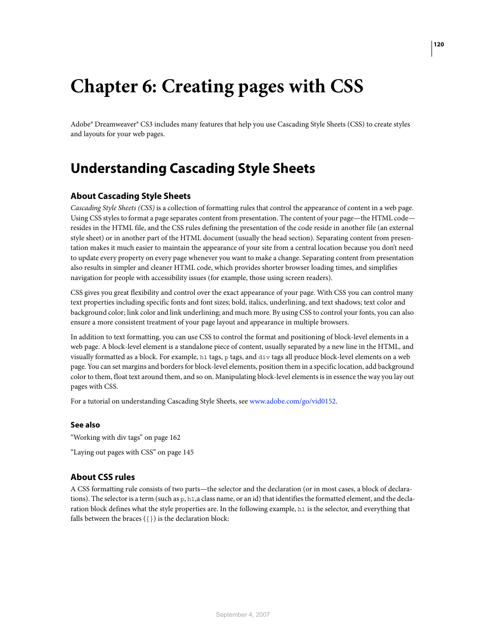 Understanding cascading style sheets, About cascading style sheets, About css rules | Chapter 6: creating pages with css | Adobe Dreamweaver CS3 User Manual | Page 127 / 738