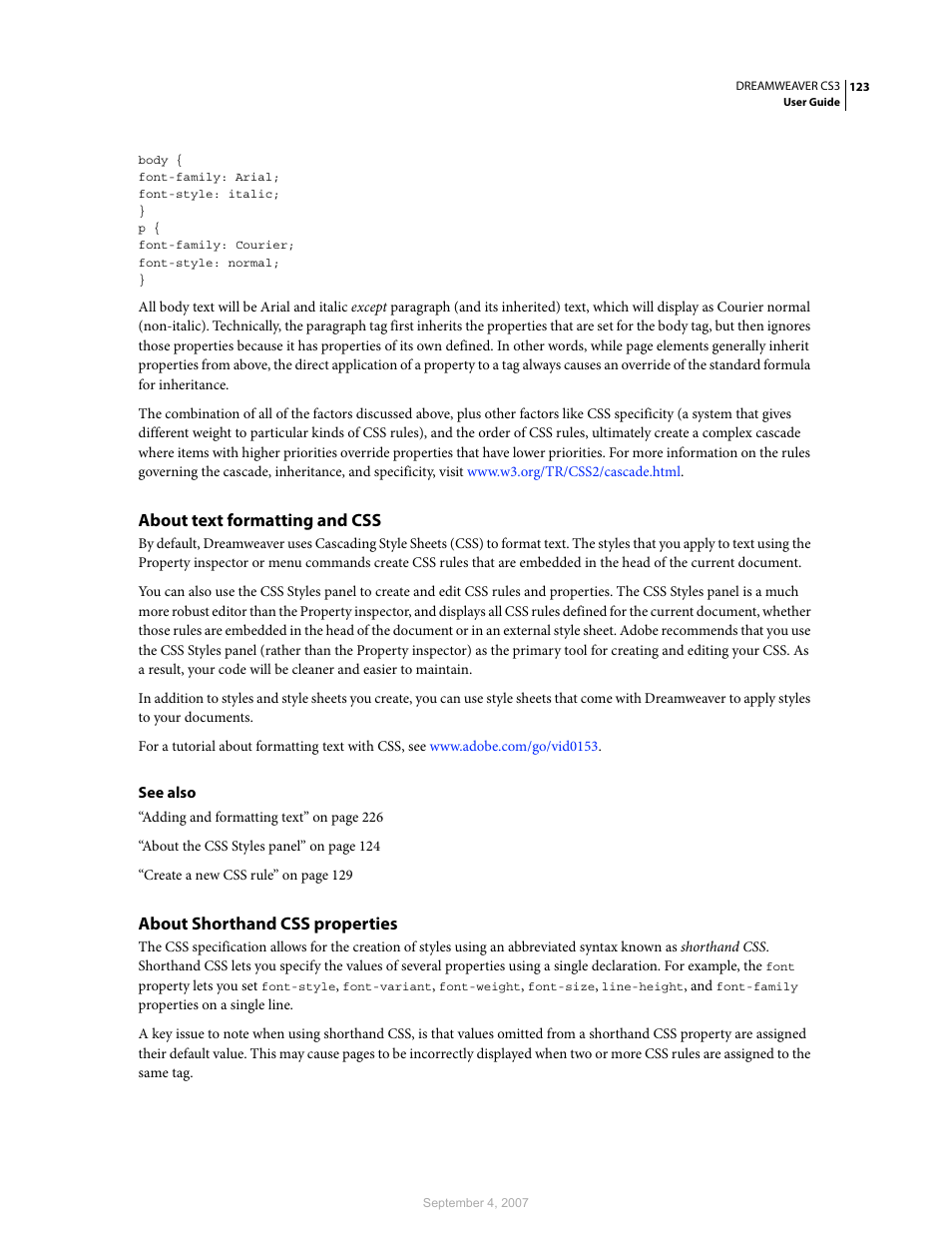 About text formatting and css, About shorthand css properties | Adobe Dreamweaver CS3 User Manual | Page 130 / 738