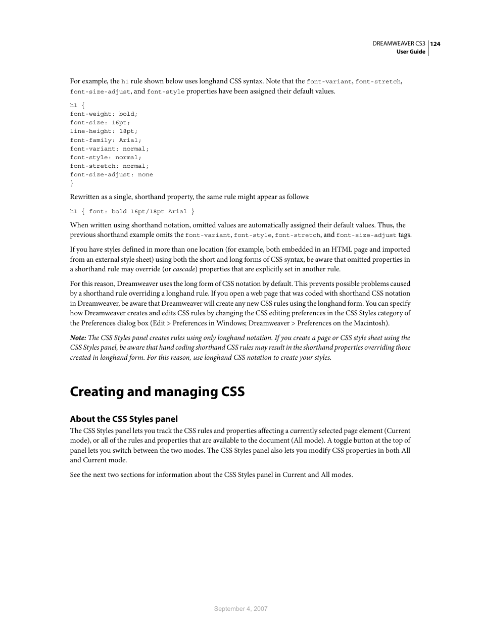 Creating and managing css, About the css styles panel | Adobe Dreamweaver CS3 User Manual | Page 131 / 738