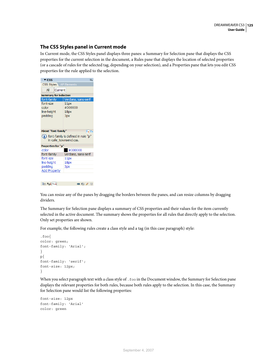 The css styles panel in current mode | Adobe Dreamweaver CS3 User Manual | Page 132 / 738