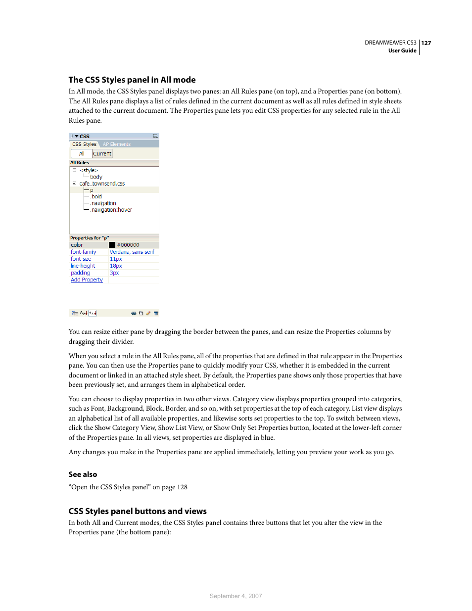The css styles panel in all mode, Css styles panel buttons and views | Adobe Dreamweaver CS3 User Manual | Page 134 / 738