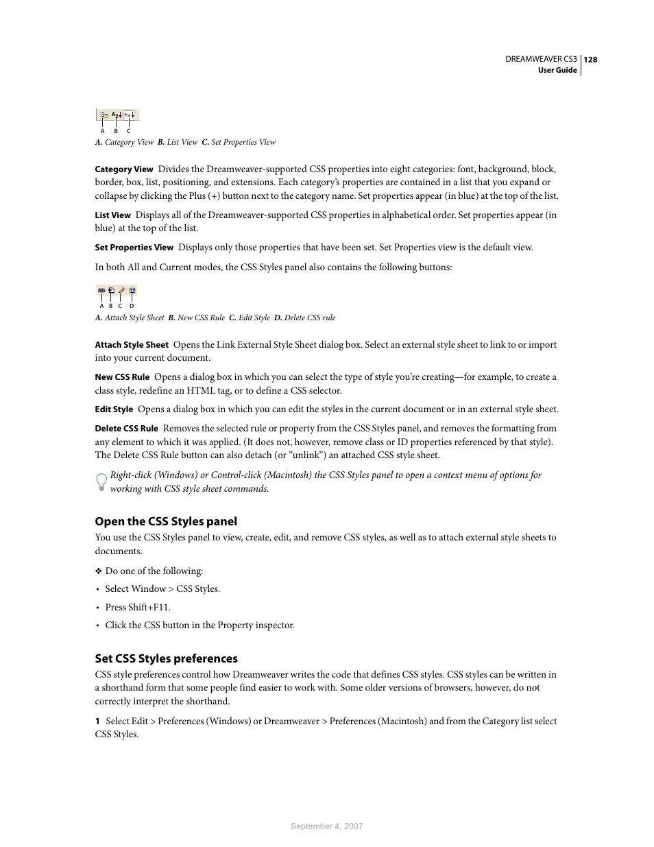 Open the css styles panel, Set css styles preferences | Adobe Dreamweaver CS3 User Manual | Page 135 / 738