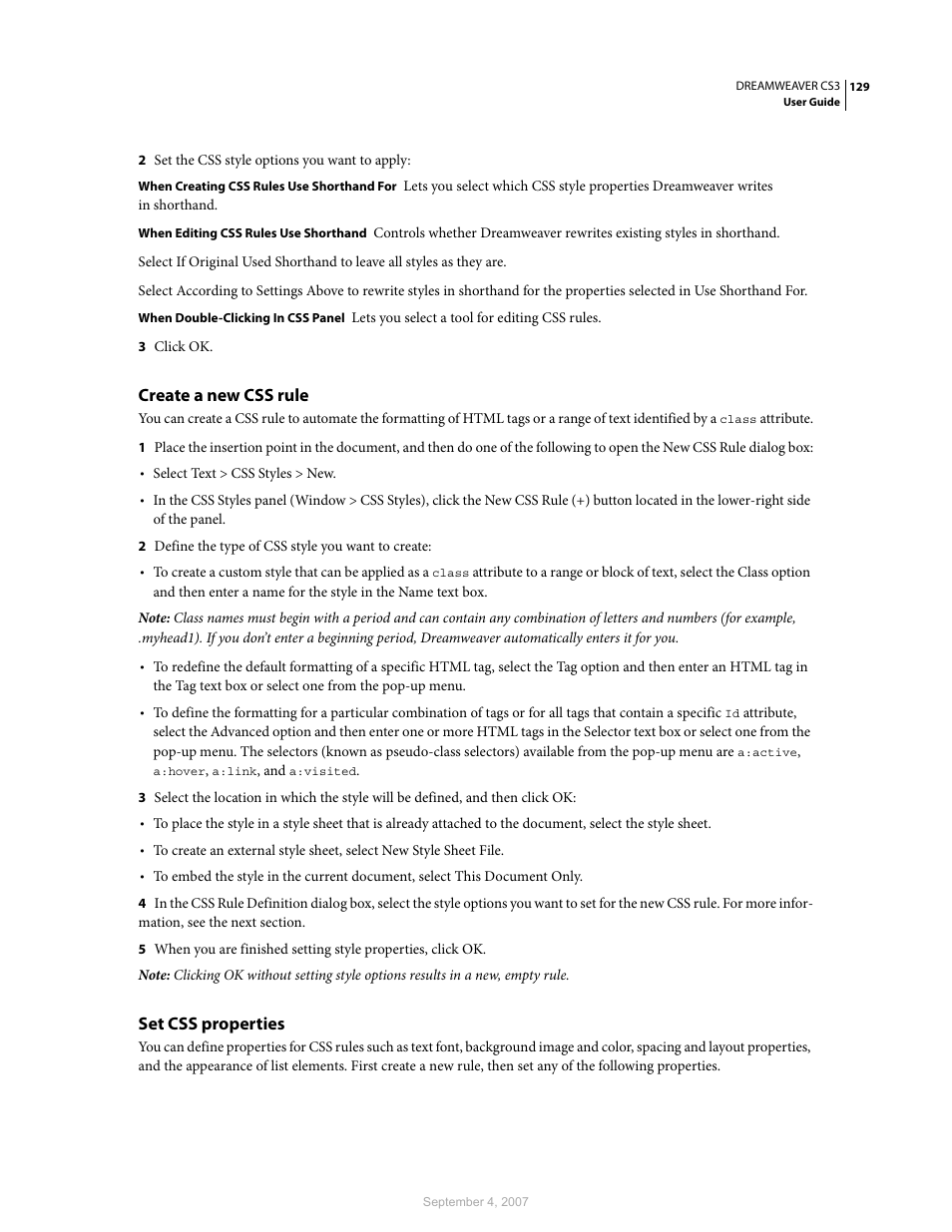 Create a new css rule, Set css properties | Adobe Dreamweaver CS3 User Manual | Page 136 / 738