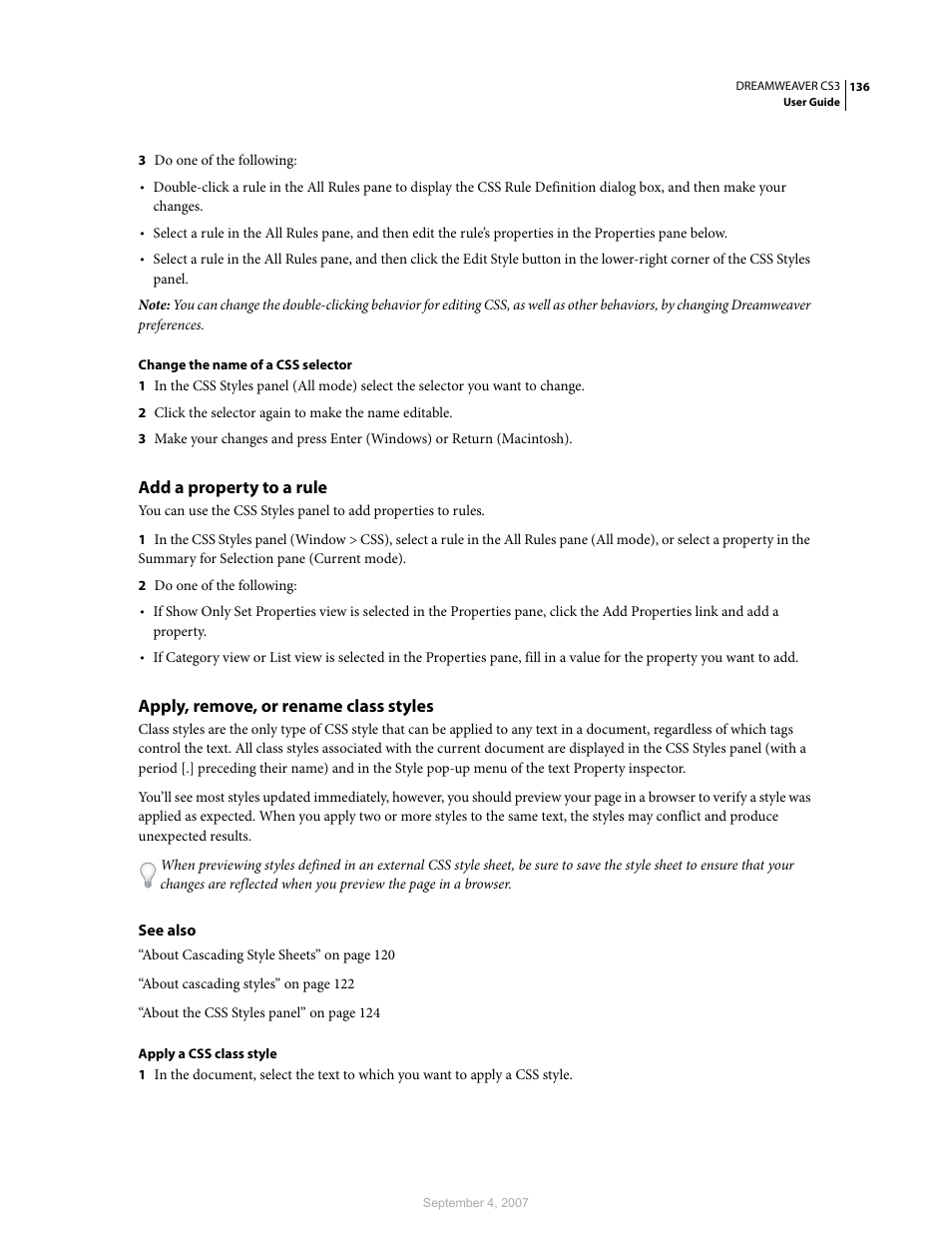 Add a property to a rule, Apply, remove, or rename class styles | Adobe Dreamweaver CS3 User Manual | Page 143 / 738