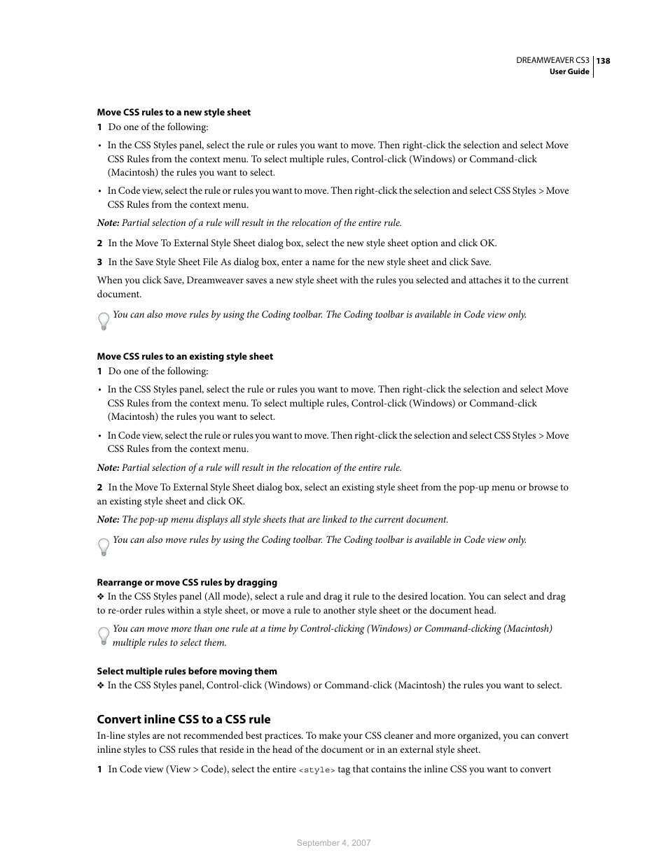 Convert inline css to a css rule | Adobe Dreamweaver CS3 User Manual | Page 145 / 738