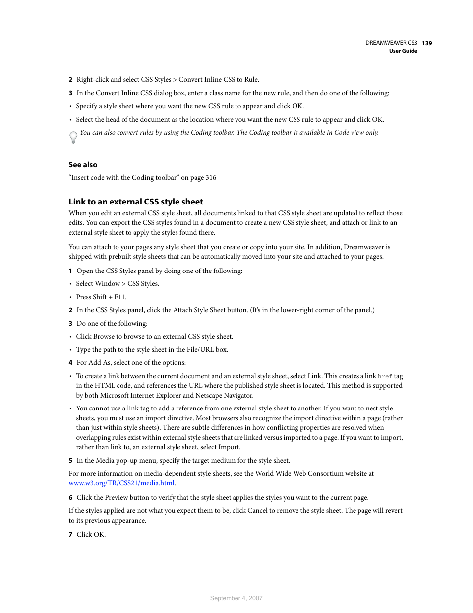 Link to an external css style sheet | Adobe Dreamweaver CS3 User Manual | Page 146 / 738