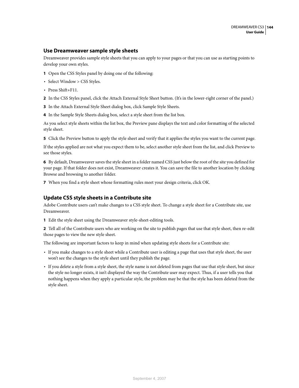 Use dreamweaver sample style sheets, Update css style sheets in a contribute site | Adobe Dreamweaver CS3 User Manual | Page 151 / 738