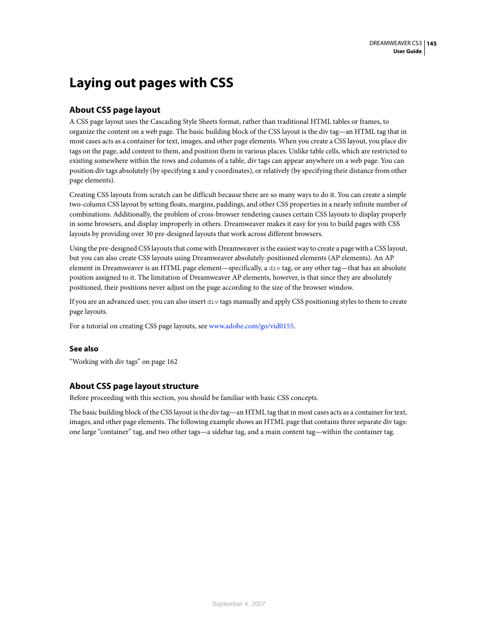 Laying out pages with css | Adobe Dreamweaver CS3 User Manual | Page 152 / 738