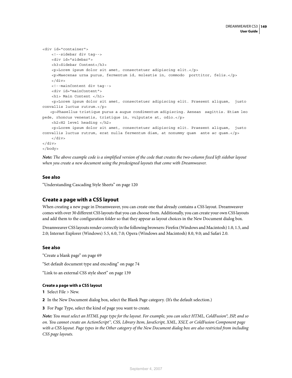 Create a page with a css layout | Adobe Dreamweaver CS3 User Manual | Page 156 / 738