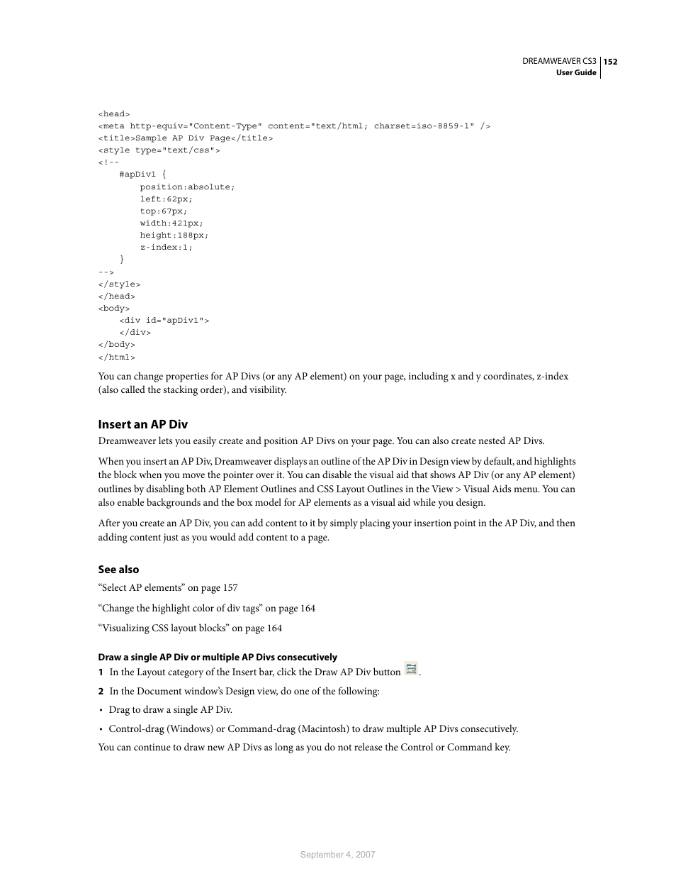 Insert an ap div | Adobe Dreamweaver CS3 User Manual | Page 159 / 738