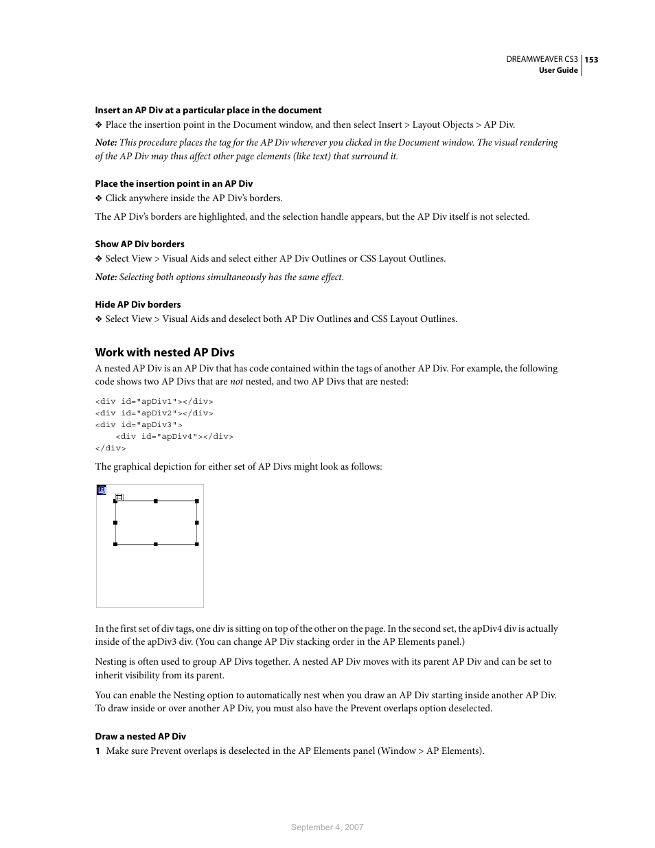 Work with nested ap divs | Adobe Dreamweaver CS3 User Manual | Page 160 / 738