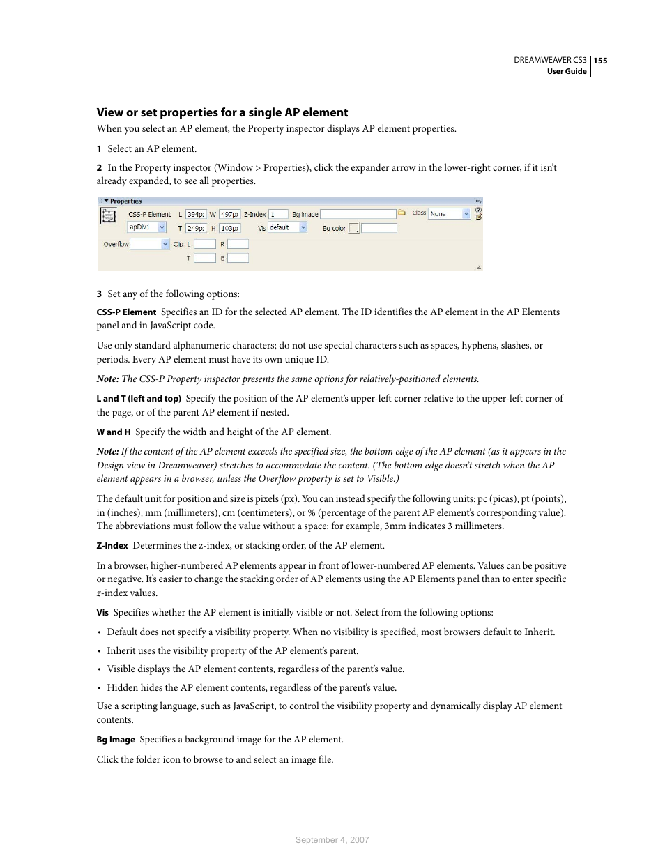 View or set properties for a single ap element | Adobe Dreamweaver CS3 User Manual | Page 162 / 738