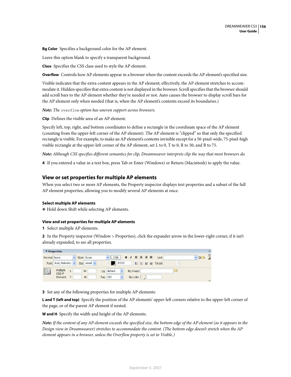 View or set properties for multiple ap elements | Adobe Dreamweaver CS3 User Manual | Page 163 / 738