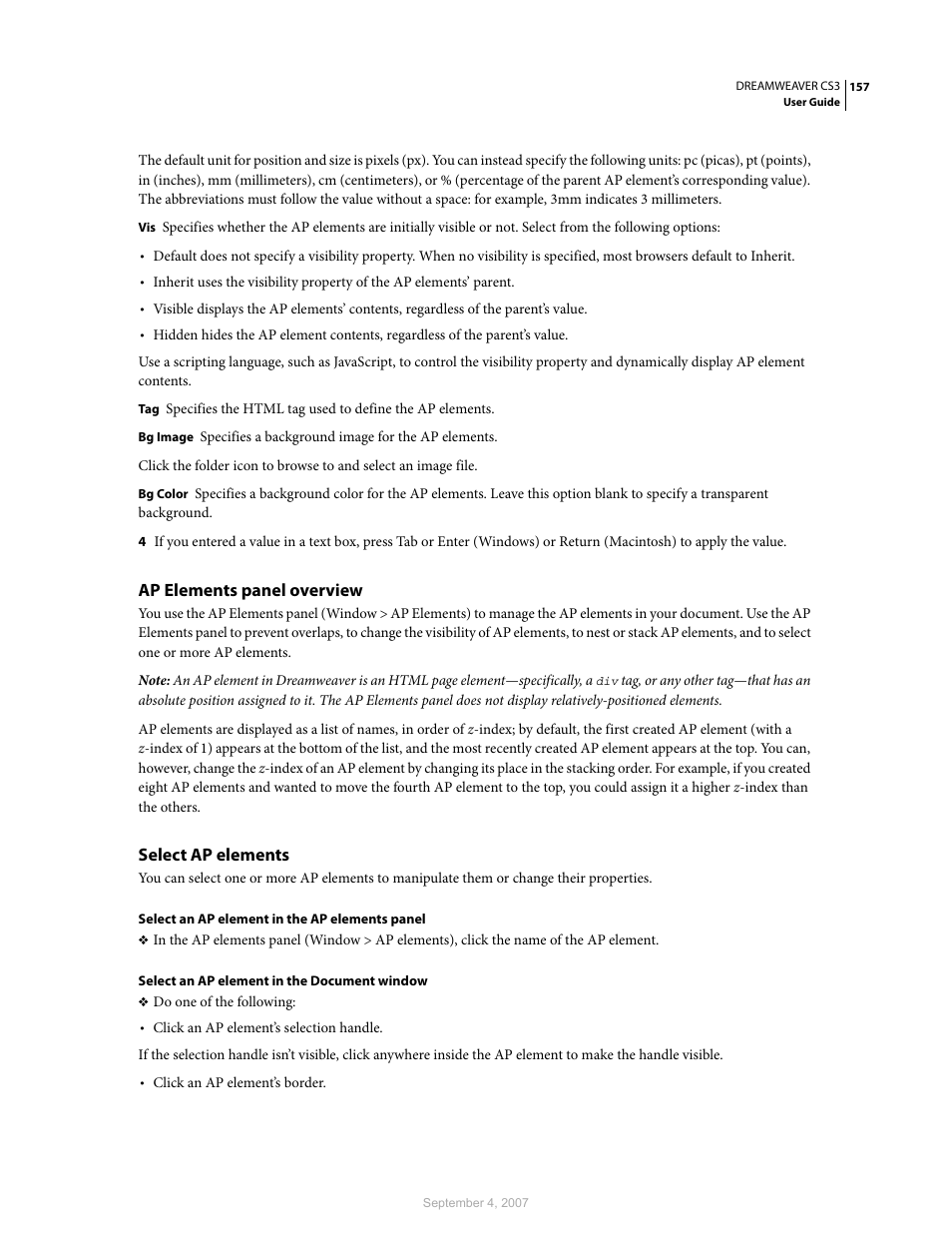 Ap elements panel overview, Select ap elements | Adobe Dreamweaver CS3 User Manual | Page 164 / 738