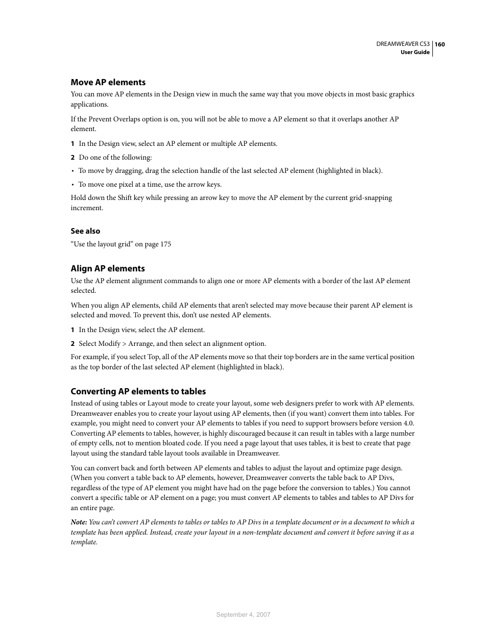 Move ap elements, Align ap elements, Converting ap elements to tables | Adobe Dreamweaver CS3 User Manual | Page 167 / 738