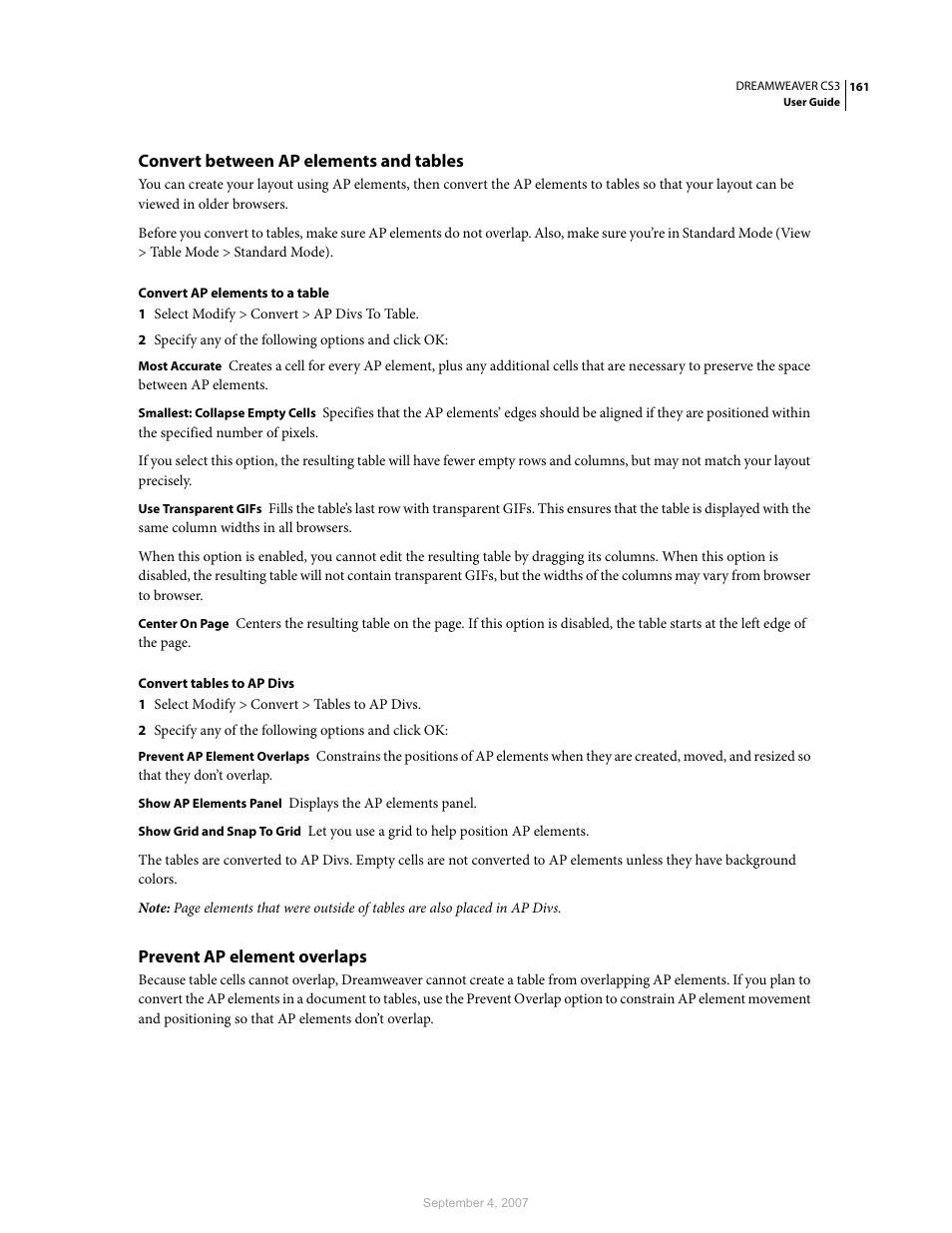Convert between ap elements and tables, Prevent ap element overlaps | Adobe Dreamweaver CS3 User Manual | Page 168 / 738
