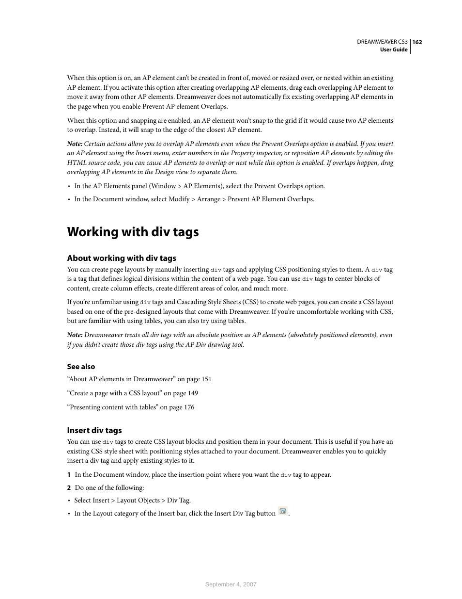 Working with div tags, About working with div tags, Insert div tags | Adobe Dreamweaver CS3 User Manual | Page 169 / 738