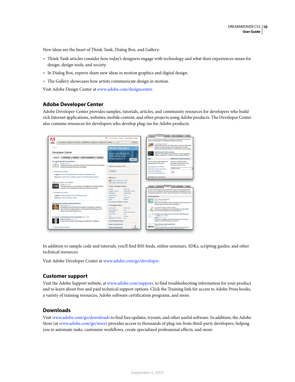 Adobe developer center, Customer support, Downloads | Adobe Dreamweaver CS3 User Manual | Page 17 / 738