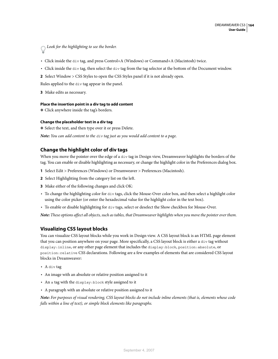 Change the highlight color of div tags, Visualizing css layout blocks | Adobe Dreamweaver CS3 User Manual | Page 171 / 738