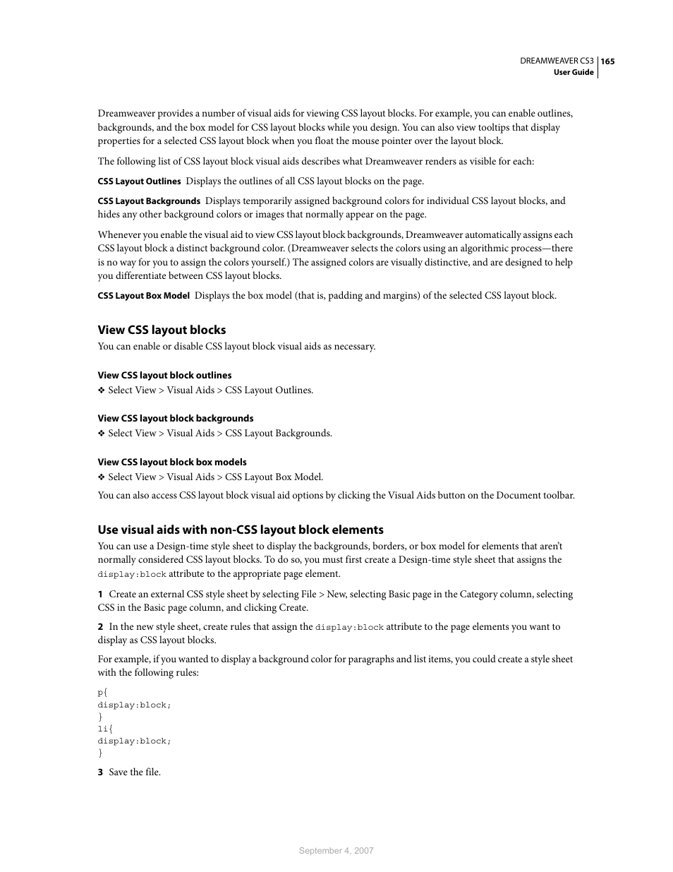 View css layout blocks, Use visual aids with non-css layout block elements | Adobe Dreamweaver CS3 User Manual | Page 172 / 738
