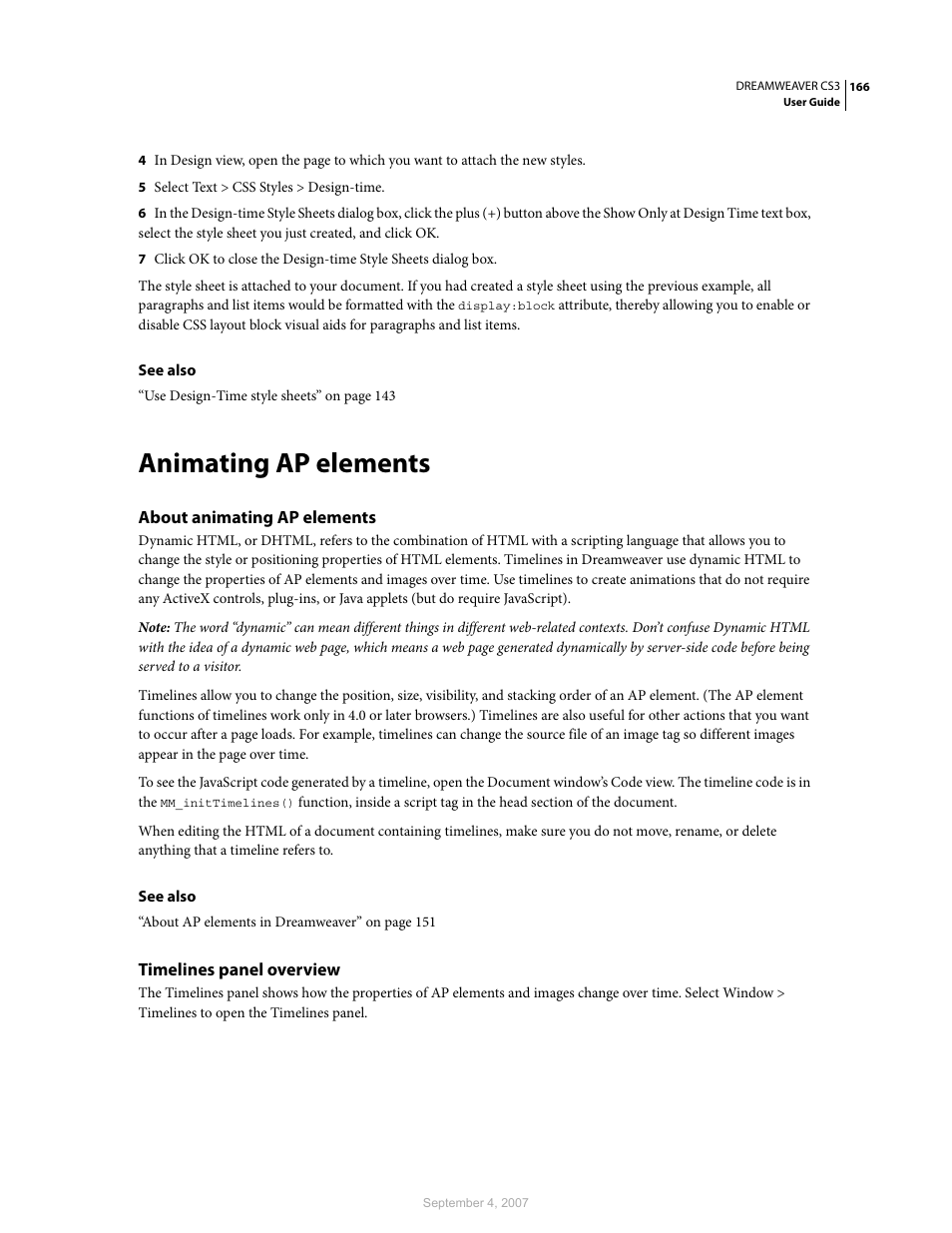 Animating ap elements, About animating ap elements, Timelines panel overview | Adobe Dreamweaver CS3 User Manual | Page 173 / 738