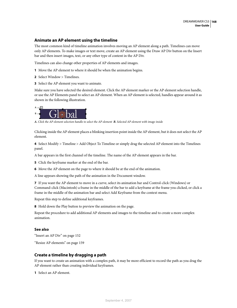 Animate an ap element using the timeline, Create a timeline by dragging a path | Adobe Dreamweaver CS3 User Manual | Page 175 / 738