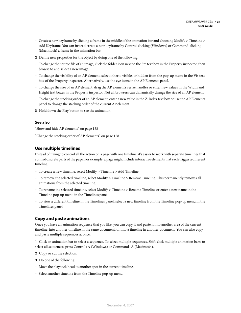 Use multiple timelines, Copy and paste animations | Adobe Dreamweaver CS3 User Manual | Page 177 / 738