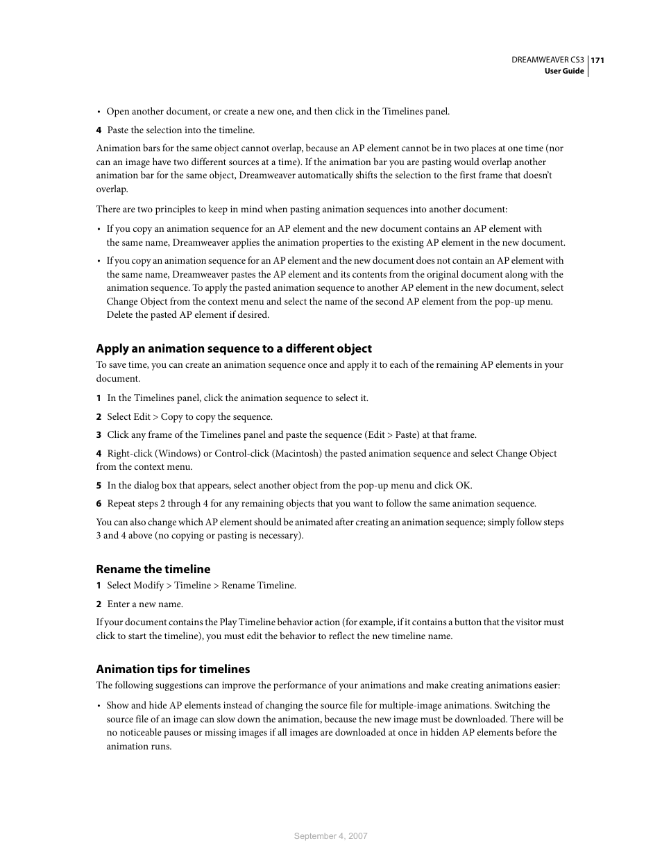 Apply an animation sequence to a different object, Rename the timeline, Animation tips for timelines | Adobe Dreamweaver CS3 User Manual | Page 178 / 738