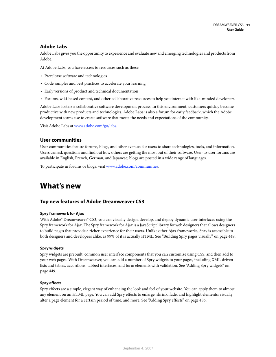 Adobe labs, User communities, What’s new | Top new features of adobe dreamweaver cs3 | Adobe Dreamweaver CS3 User Manual | Page 18 / 738