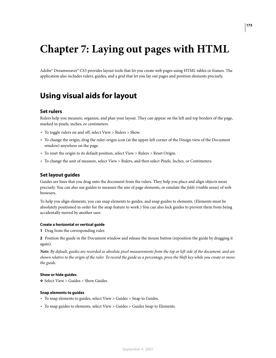 Using visual aids for layout, Set rulers, Set layout guides | Chapter 7: laying out pages with html | Adobe Dreamweaver CS3 User Manual | Page 180 / 738