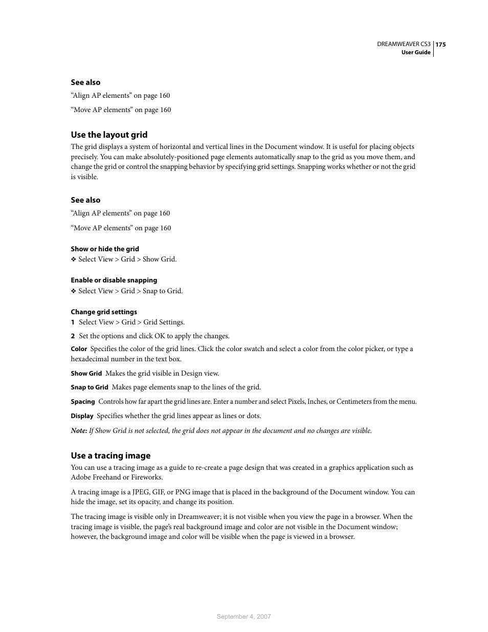 Use the layout grid, Use a tracing image | Adobe Dreamweaver CS3 User Manual | Page 182 / 738