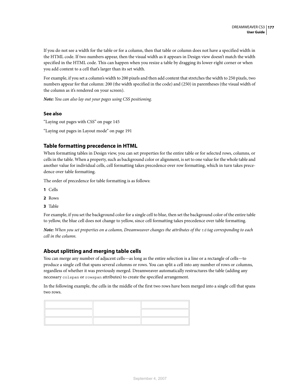 Table formatting precedence in html, About splitting and merging table cells | Adobe Dreamweaver CS3 User Manual | Page 184 / 738