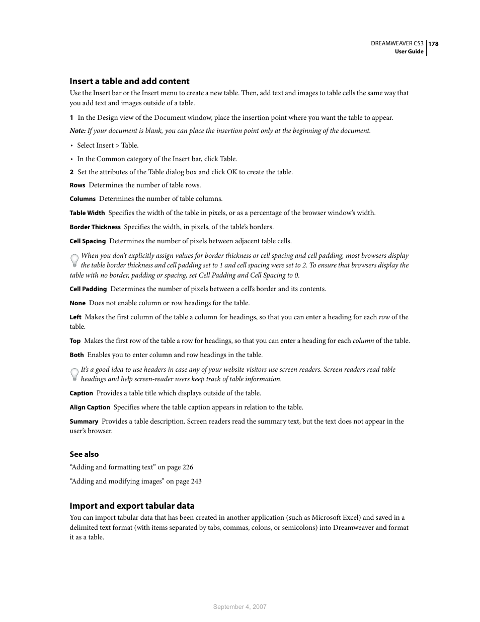 Insert a table and add content, Import and export tabular data | Adobe Dreamweaver CS3 User Manual | Page 185 / 738