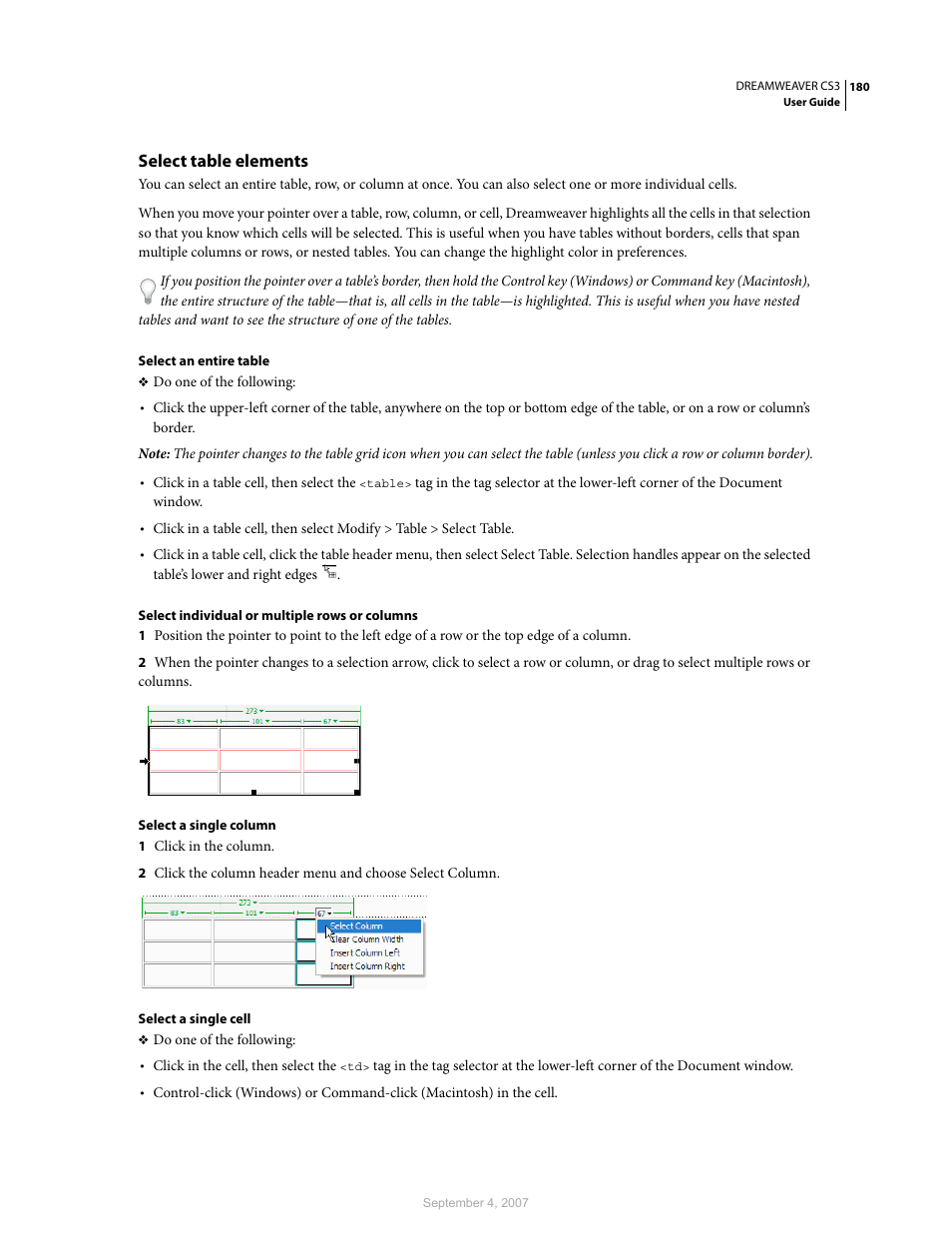 Select table elements | Adobe Dreamweaver CS3 User Manual | Page 187 / 738